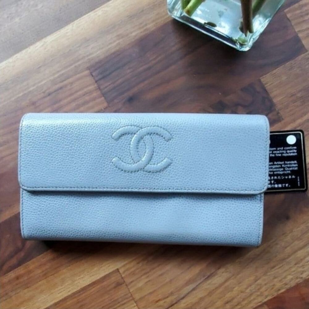 Chanel Powder Blue Logo Caviar Leather Long Wallet